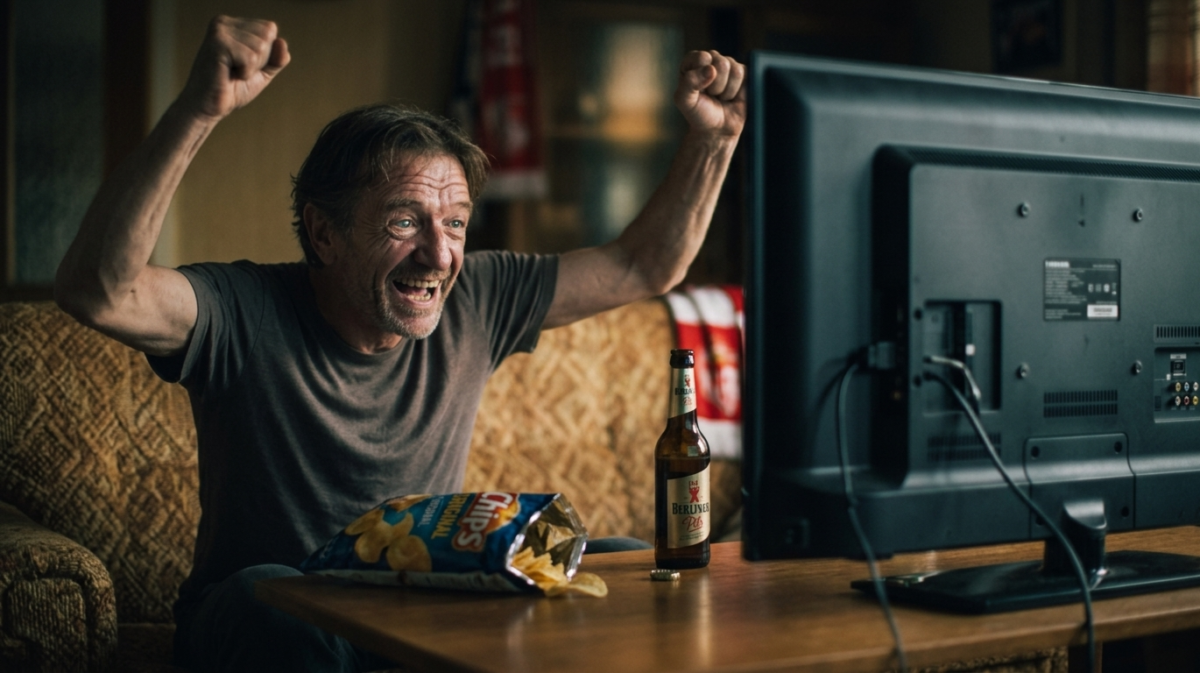 KI generiertes Foto eines jubelnden älteren Mannes, der auf der Couch vor einem Fernseher sitzt
